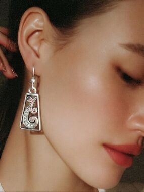 Silver Scroll Rhinestone Drop Earrings Sterling Hooks Dangle